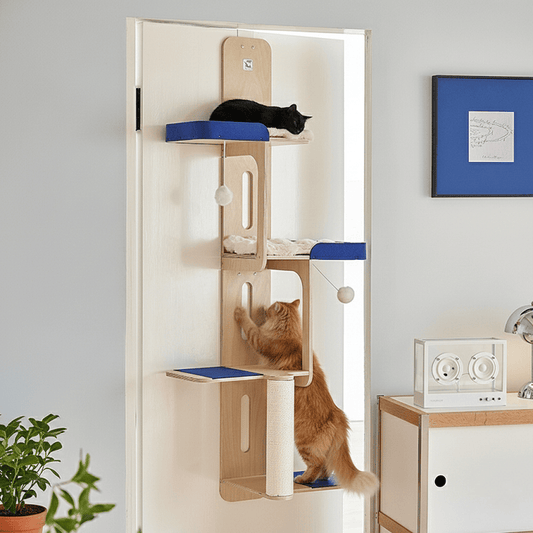 Over-the-Door Cat Scratcher & Climber securely mounted on a minimalist white door in a modern apartment. The grey sisal texture and natural wood frame harmonize with the surrounding cool-toned walls and soft, authentic indoor lighting.