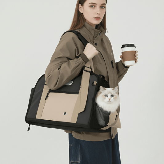KtKitty Premium Lightweight Outing Cat Tote Shoulder Bag shown on a Caucasian model against a plain white wall. This high-resolution camera shot captures the authentic fabric texture and stable structure of the carrier with a real cat inside, optimized for a professional studio look.