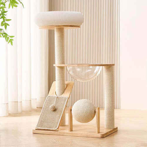 Rubberwood Cat Tree – Stylish & Durable standing in a warmly lit living room