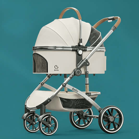 Shock-Absorbing Cat Stroller for a smooth ride, presented against a clean, solid-colored background. The sleek black frame and durable fabric are captured in high-detail camera mode, showcasing authentic textures and natural light without any watermarks.