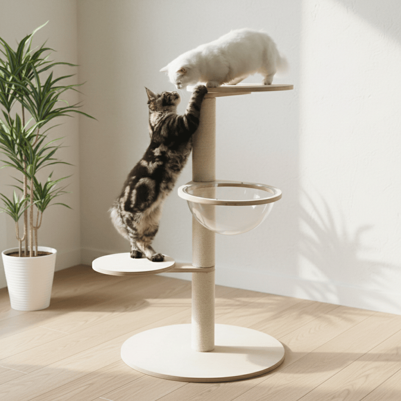 Small Cat Tree for Apartment standing in a cozy, compact corner where the soft grey textures and natural wood harmoniously match the neutral-toned interior.