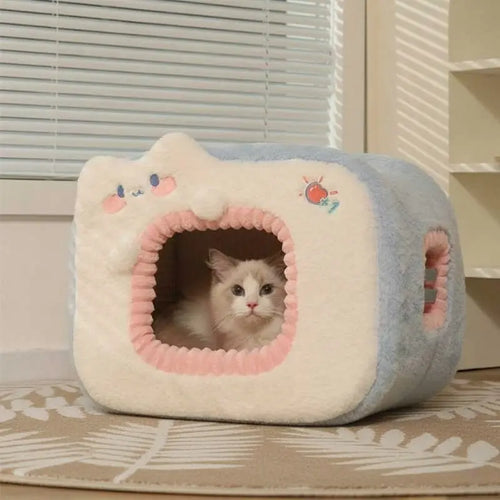 KtKitty snowball strawberry cat cave bed with soft plush roof and cozy hideaway space