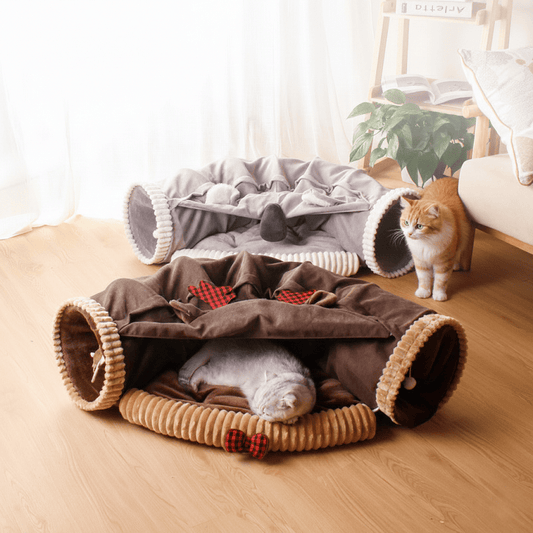 KtKitty Moose Brown cat tunnel bed hideaway featuring a cozy napping spot and play tunnel