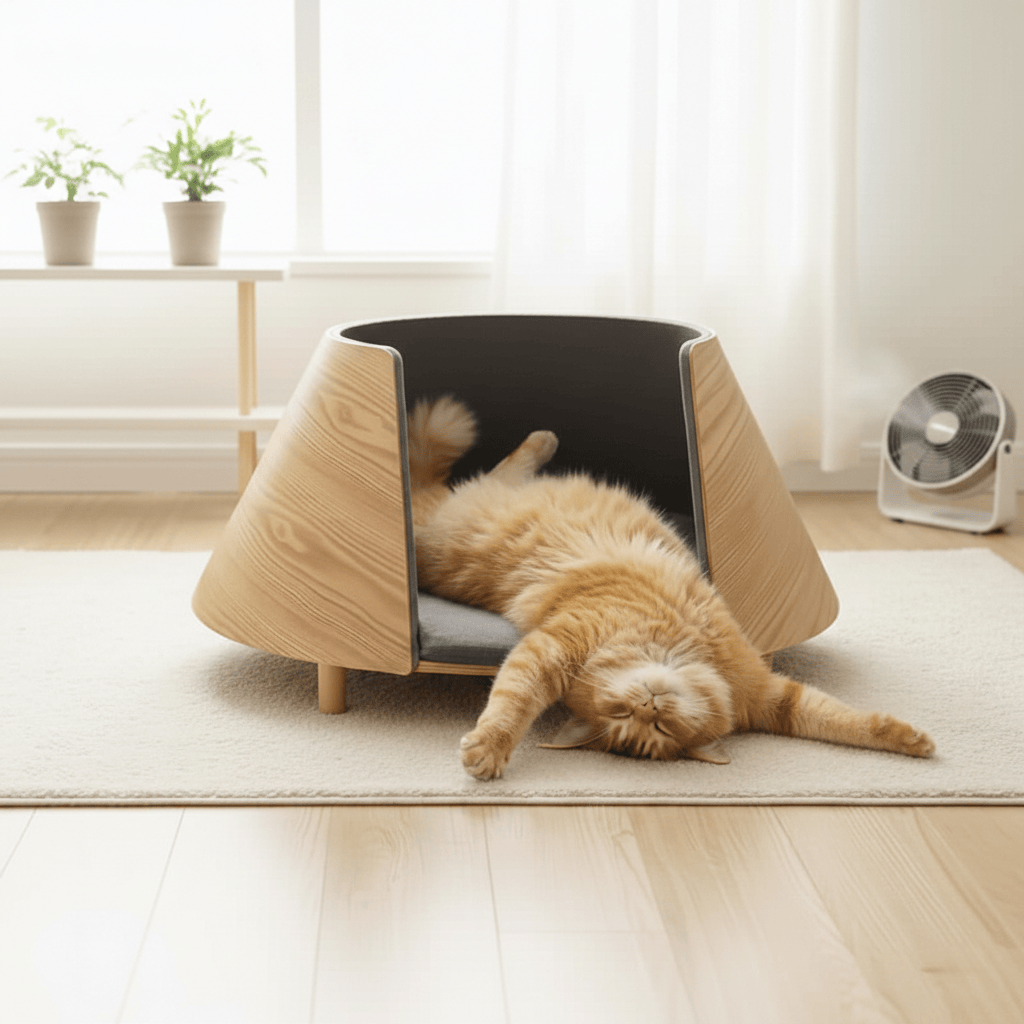 A large ginger cat fully stretching out in a wide-diameter wooden summer bed, demonstrating the ample space and comfort for large breeds to thermoregulate.