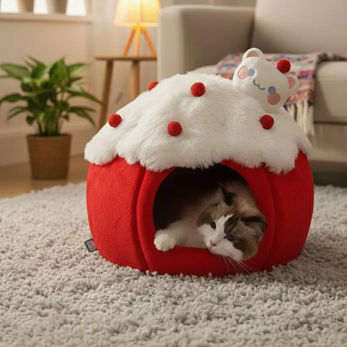 KtKitty strawberry shaped plush cat cave bed with a ragdoll cat inside