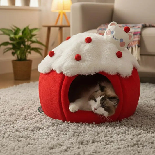 KtKitty strawberry shaped plush cat cave bed with a ragdoll cat inside