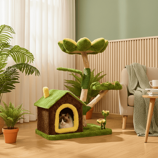 Sunflower Cat Tree Tower – Multi-Level Climbing & Scratching Post standing in a warmly lit home.