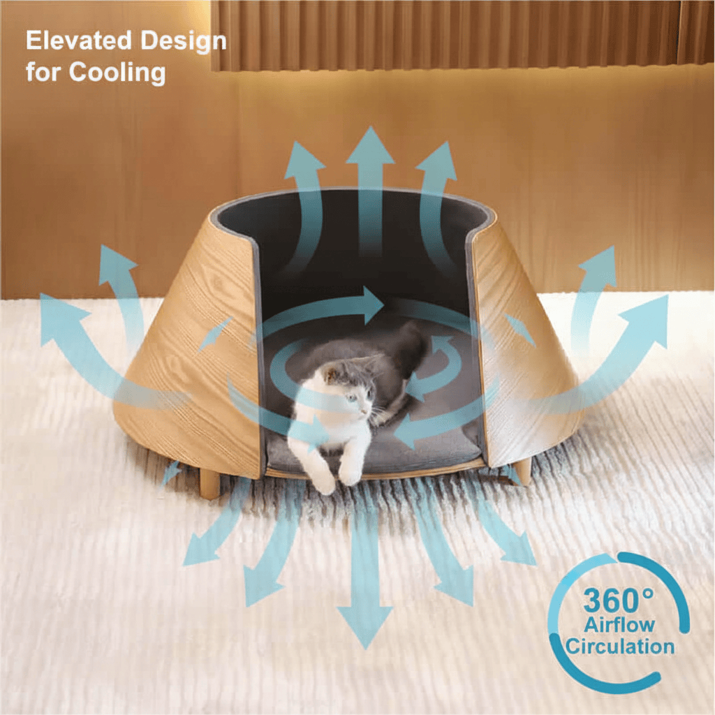 An elevated UFO-shaped wooden cat bed with a white cat inside, featuring graphic arrows that demonstrate 360-degree airflow circulation for summer cooling.