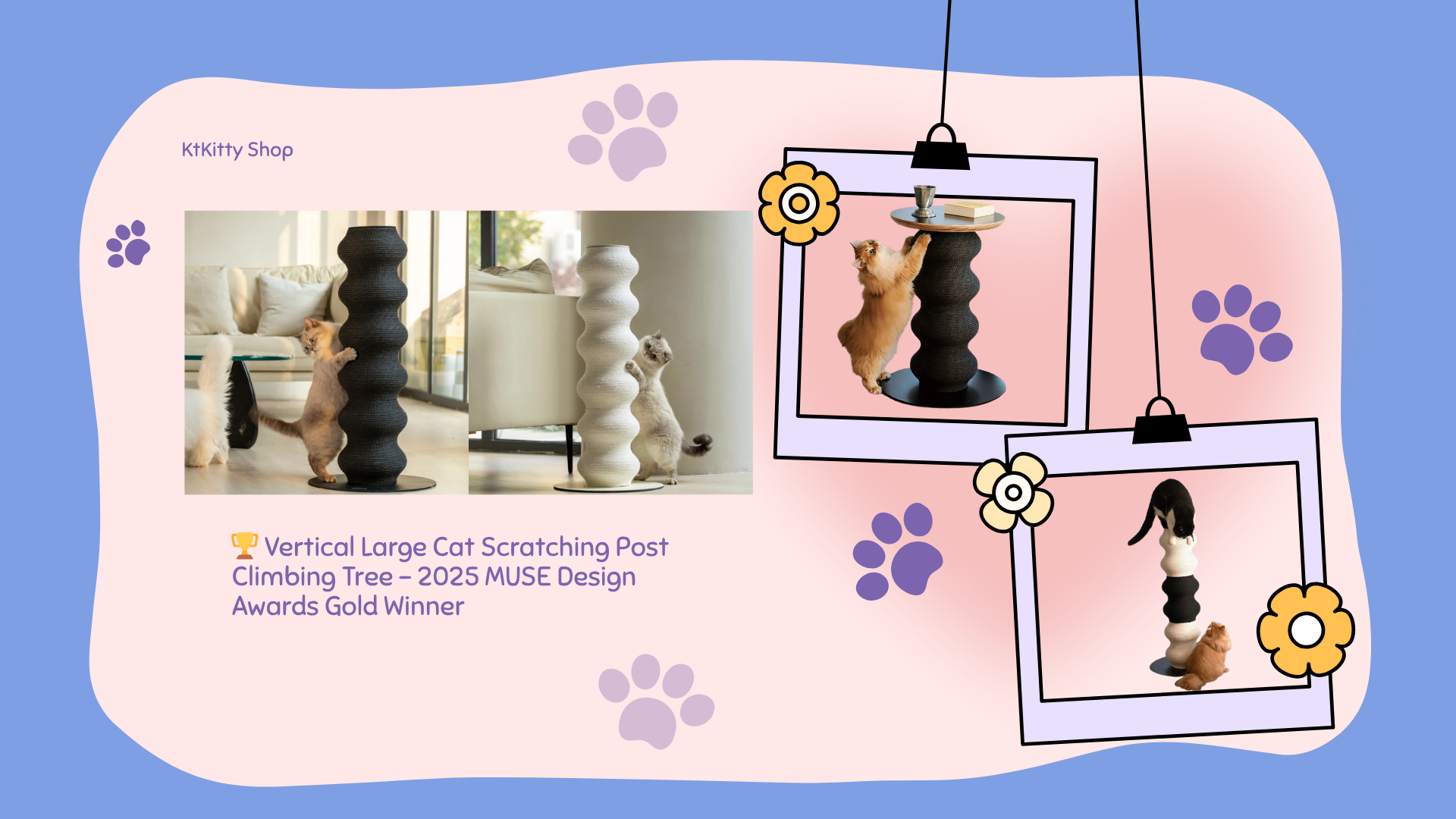 KtKitty award-winning vertical large cat scratching post and climbing tree in black and white, 2025 MUSE Design Awards Gold Winner.