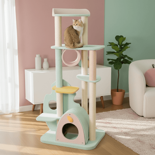 Wonderland Cat Tree with multi-level cloud and flower platforms integrated into a spacious, sun-drenched home corner. The earthy tones of the scratching posts harmonize with the room's warm palette.