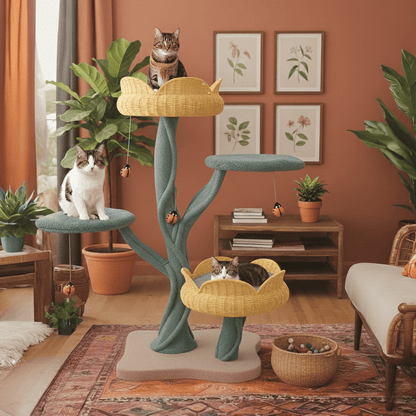 Yellow Tulip Cat Tree – Sturdy & Elegant positioned in a warmly lit, neutral-toned living room. The vibrant yellow flower petals contrast naturally with the solid wood scratching posts and soft cream base, reflecting authentic home lighting and soft, realistic shadows.
