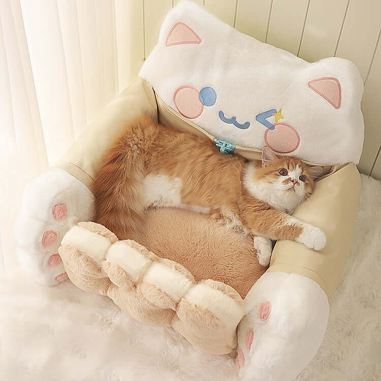 A large cat resting in a kawaii-style modern cat sofa bed that complements stylish home decor.
