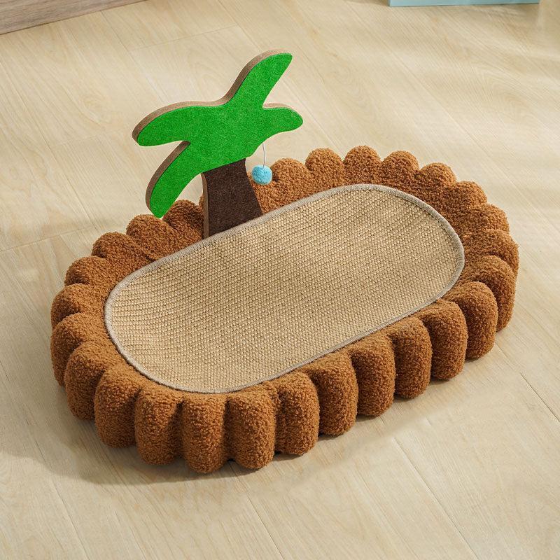 Cozy Cat Scratching Bed for Sleeping and Claw Care. Solid Wood Rattan Cat Tree Tower with palm design for comfort.