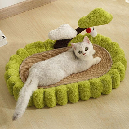 Cozy Cat Scratching Bed for Sleeping and Claw Care featuring a playful design with soft lounge surface and scratching area.