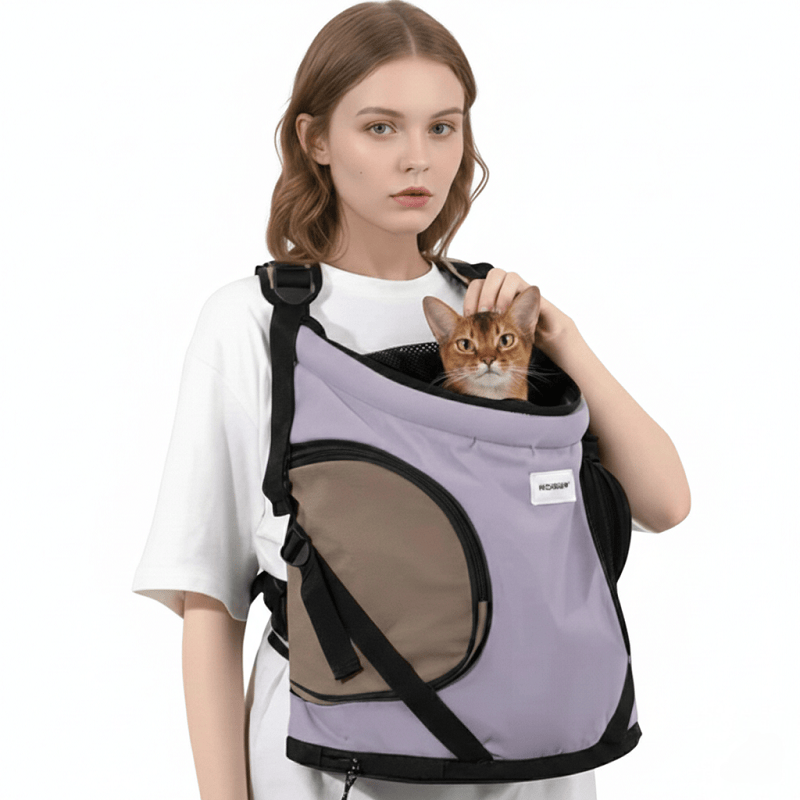 Luxury front cat carrier backpack with breathable mesh and padded straps, portable lightweight design for small to large cats during outdoor travel.