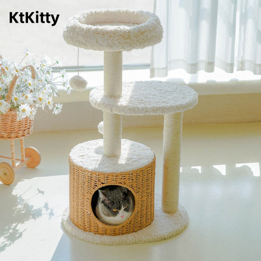 Handmade rattan cat tree for durability and scratching
