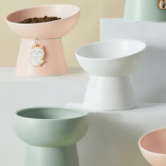 KtKitty Morandi Tilted Cat Bowls,These ceramic bowls feature a cute cat face design and are set on an elevated wooden stand. The 15-degree slanted design ensures an ergonomic, whisker-friendly feeding experience in a modern home.
