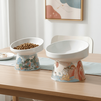 KtKitty Naughty Cat Ceramic Bowl featuring a cute cartoon cat design. The high-quality ceramic pet bowl is displayed in a clean, color-coordinated home interior that matches the product's aesthetic. Highlighting the durable, easy-to-clean glaze and stylish design for modern pet feeding.