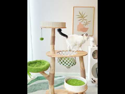 Wooden Cat Tree with Hanging Bed & Scratching Post