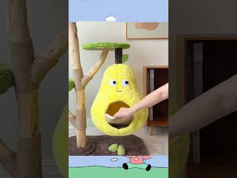 Unique Pear Cat Tree Tower: Natural Wood with All-Season Cat Bed