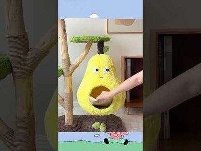 Unique Pear Cat Tree Tower: Natural Wood with All-Season Cat Bed
