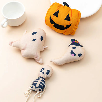 Close-up view of a spooky pumpkin-shaped catnip toy.