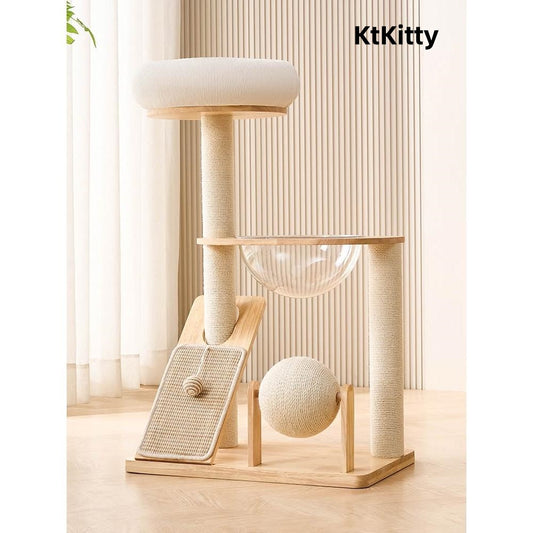 Solid wood cat tree with minimalist front design in rubberwood