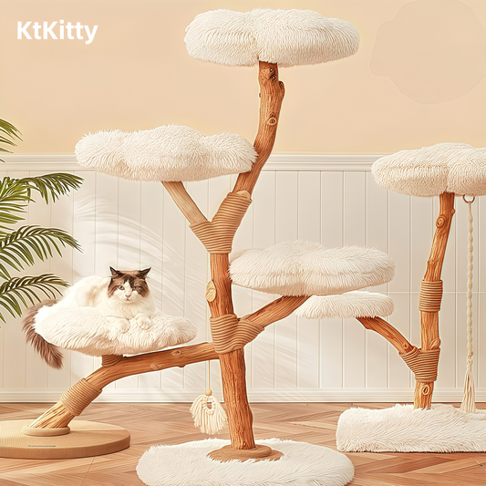 Modern solid wood cat tree with stylish design, perfect for home decor