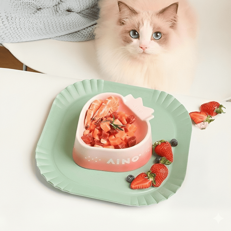 KtKitty Strawberry Mousse Ceramic Cat Food and Water Bowl set. Features a large pink strawberry-shaped ceramic plate and a matching food bowl on a wooden stand. High-quality, cute aesthetic pet tableware for modern home decor.