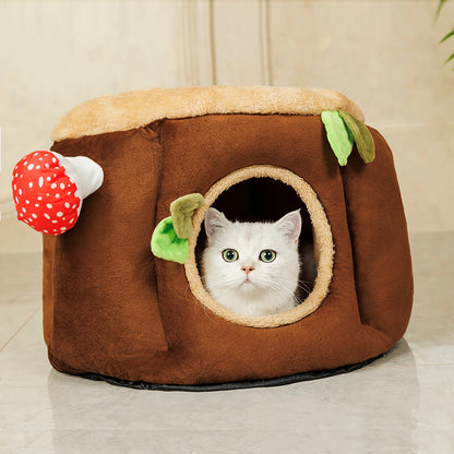 Cozy closed design of the Stump and Red Mushroom Cat Bed, perfect for secure naps.