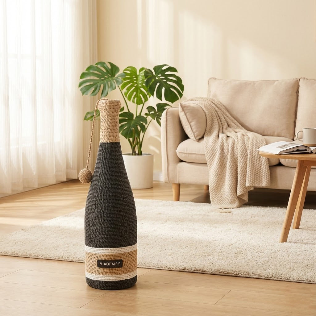 Wine Bottle Vertical Cat Scratcher – Keep Your Cat Active and Happy in a cozy living room setting.