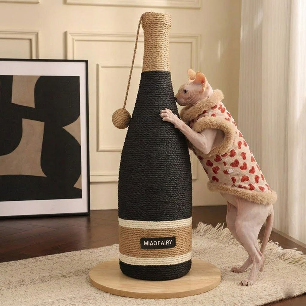 Wine Bottle Vertical Cat Scratcher – Keep Your Cat Active and Happy with a playful cat enjoying the scratcher.