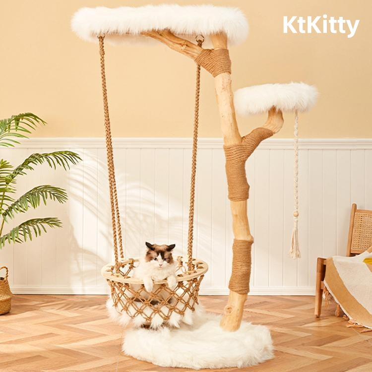 Cloud Series Solid Wood Cat Tower – Multi-Level Cat Tree with Hammock & Perches