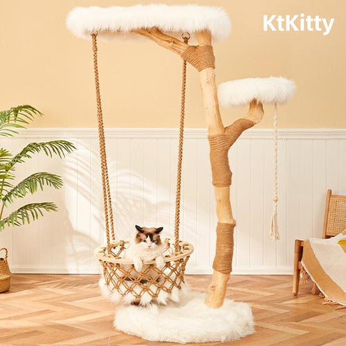 Cloud Series Solid Wood Cat Tower – Multi-Level Cat Tree with Hammock & Perches