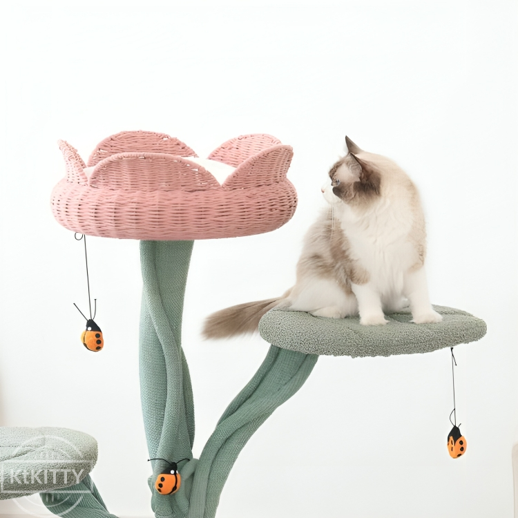 Yellow Tulip Cat Tree – Sturdy & Elegant with a playful cat exploring its multi-level design.