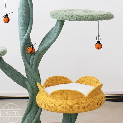 Yellow Tulip Cat Tree – Sturdy & Elegant with playful ladybug toys and soft resting area for cats.