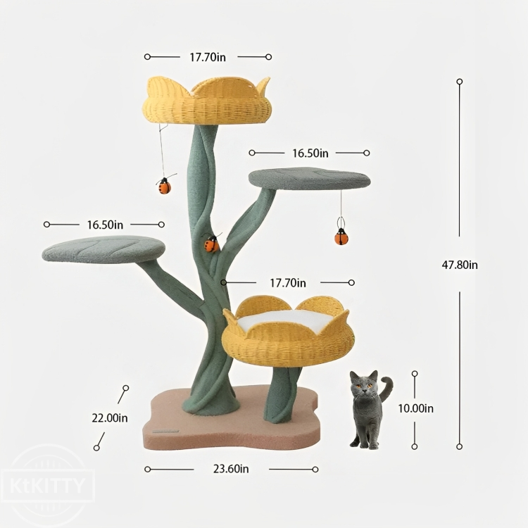 Yellow Tulip Cat Tree – Sturdy & Elegant multi-level cat tree showcasing dimensions and playful features.
