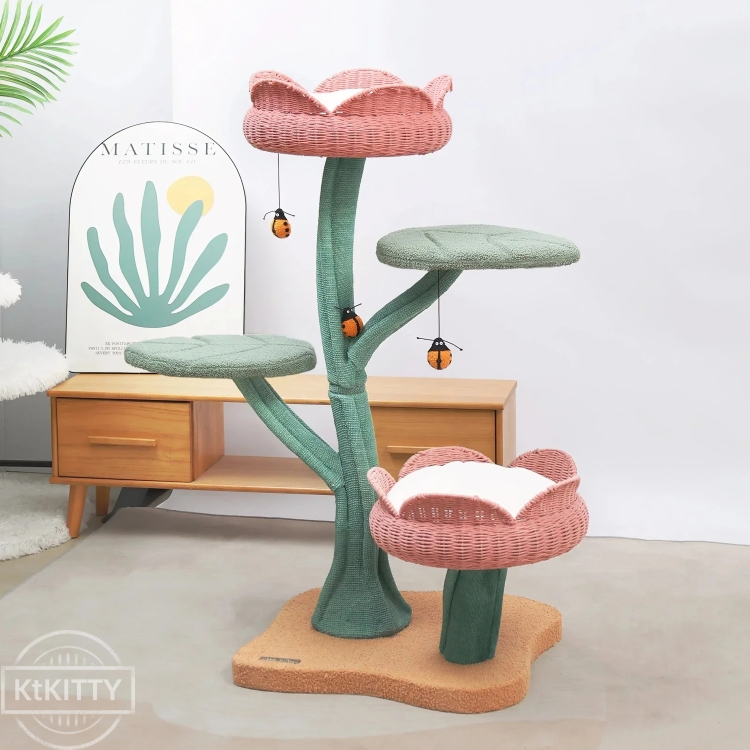 Yellow Tulip Cat Tree – Sturdy & Elegant, multi-level design for cats with flower petal platforms and strong base.